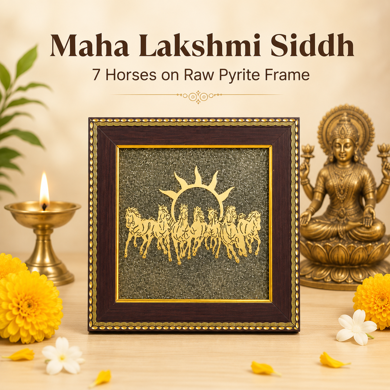 Maha Lakshmi Siddh 7 Horses on Raw Pyrite Frame