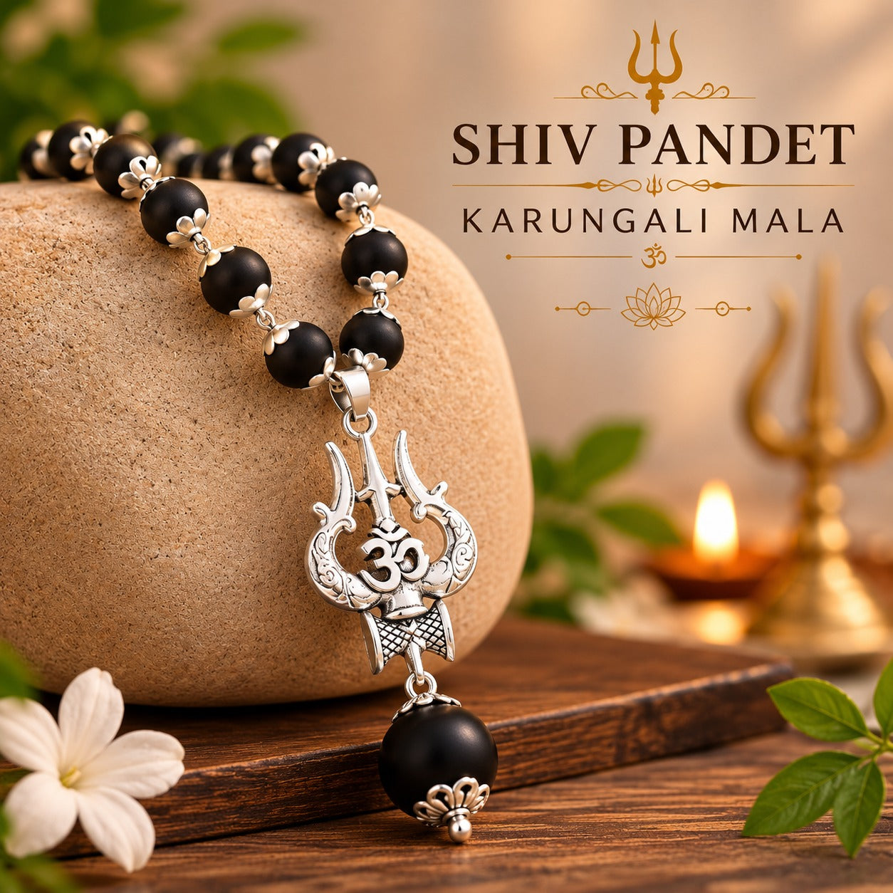Karungali Mala with Om Shiva Trishul Pendant